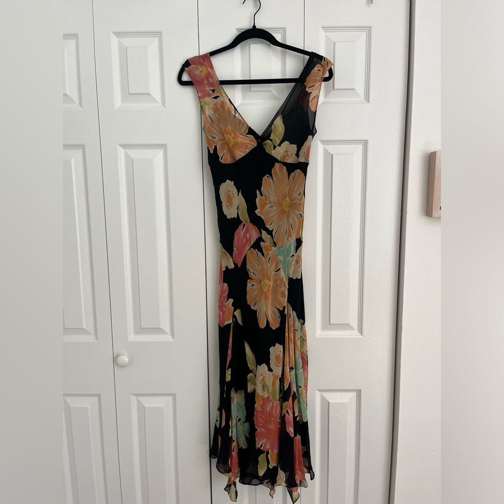 Vintage Jones New York floral silk slip dress black pink orange blue hankerchief